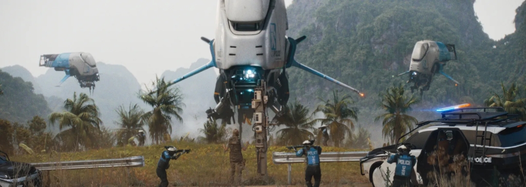 A scene from The creator - aircraft in a tropical setting.