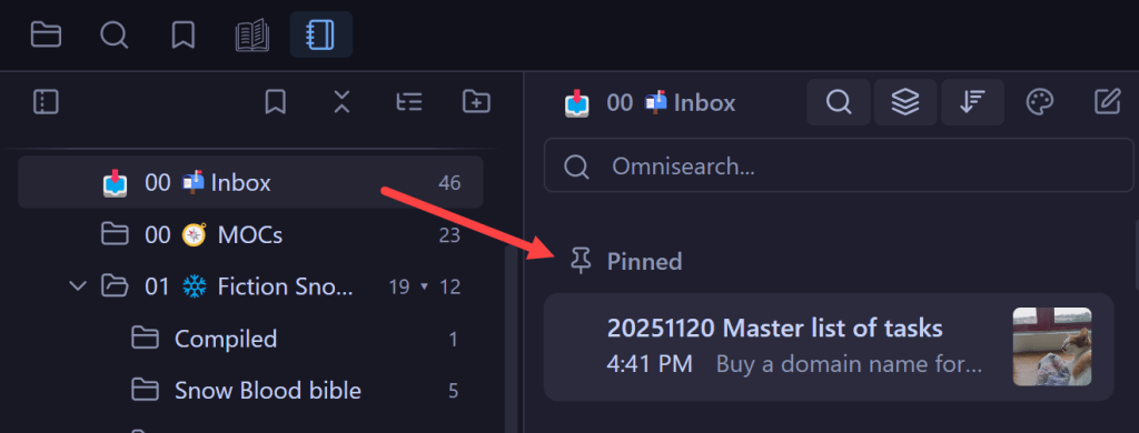 Notebook Navigator Pinned note