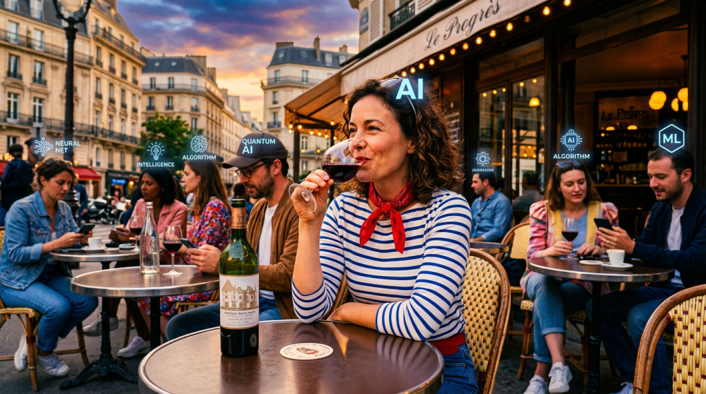 Group of people sitting at outdoor cafe tables with AI and algorithm icons above them