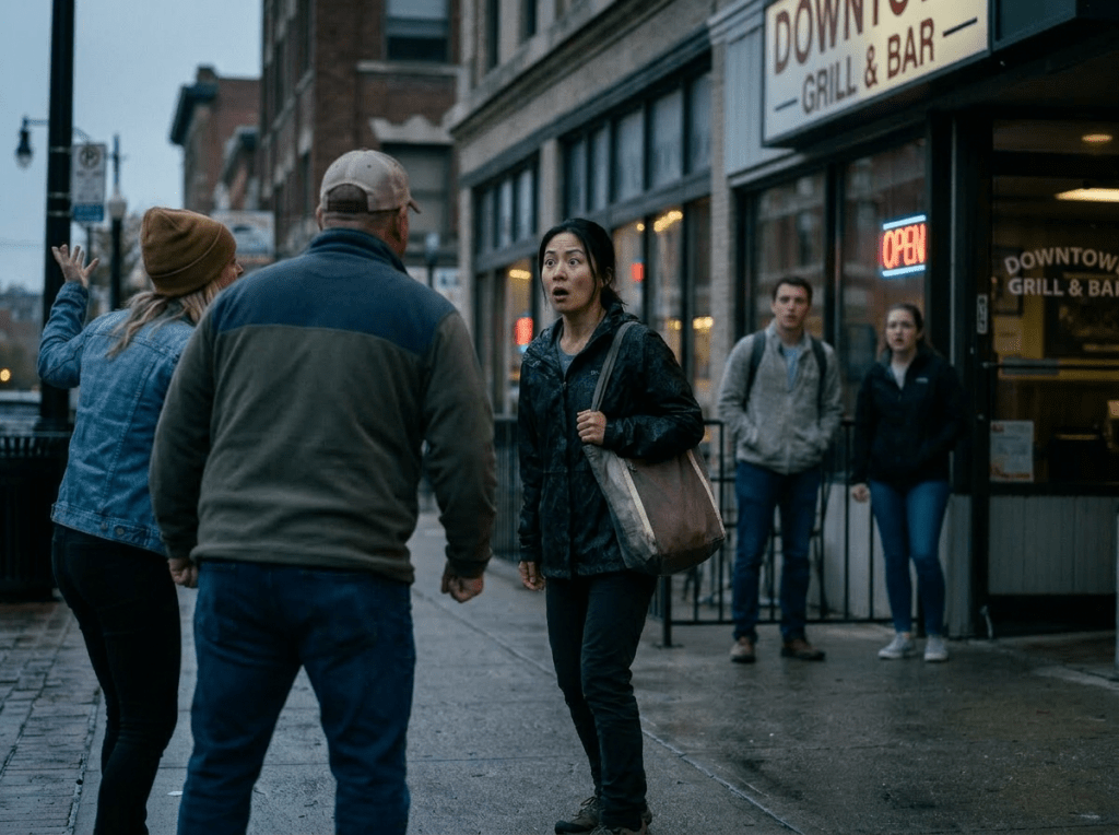 Two people shouting at a pedestrian walking down a city sidewalk in the evening.