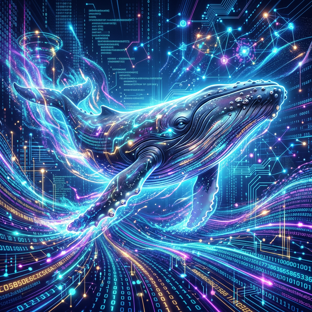 A digital whale swimming through streams of glowing binary code and data points in a futuristic blue and purple network.